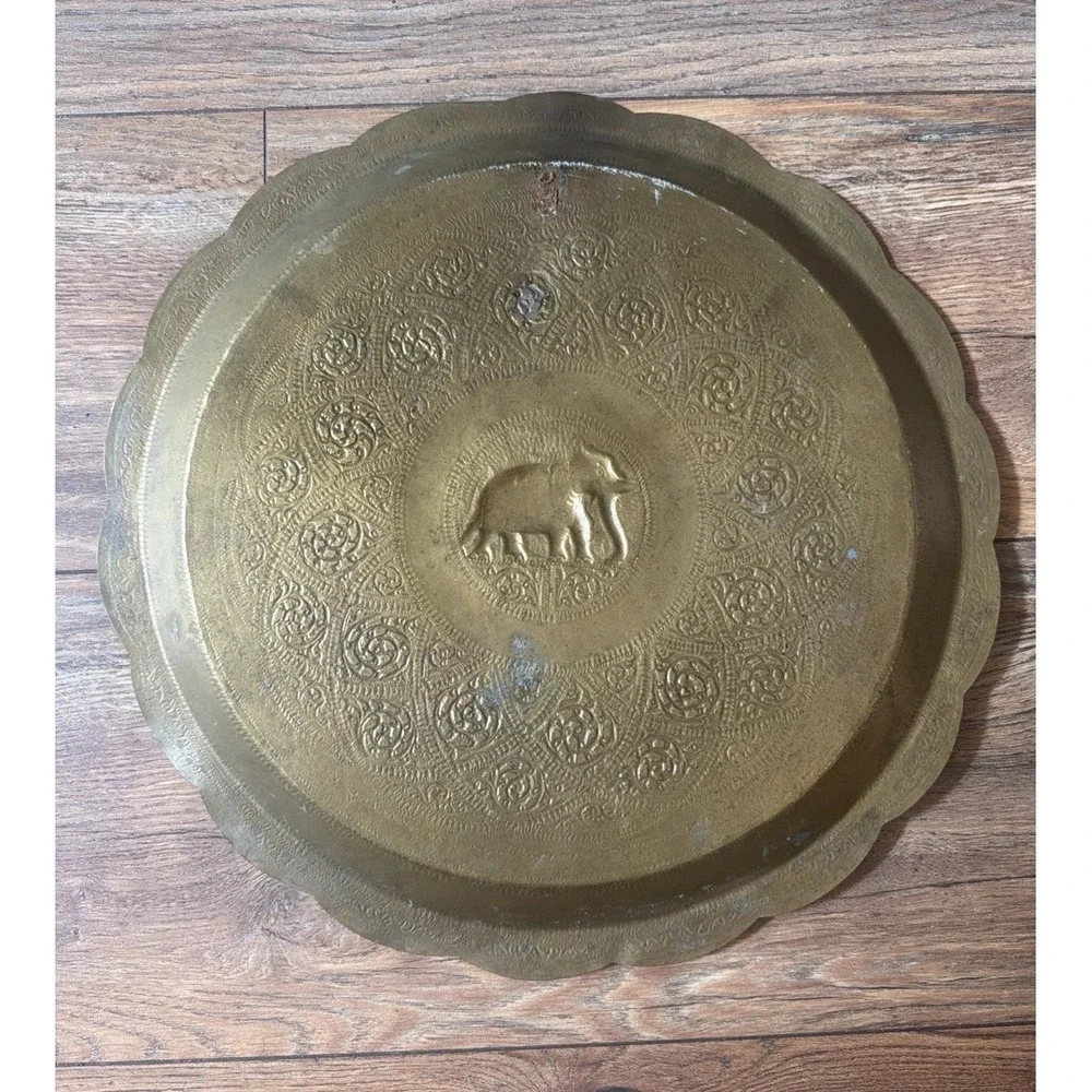 Vintage Brass Elephant Decorative Plate Hand Etched Enamel Indian Wall Decor‎